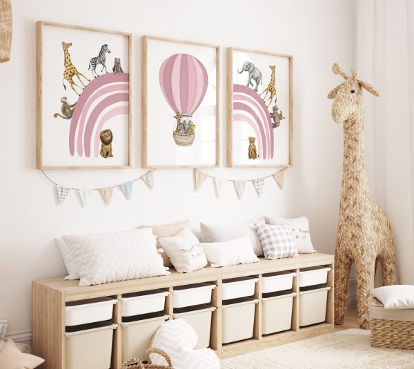 Pink Rainbow Safari Nursery Prints