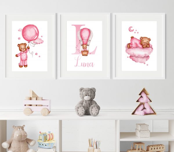Personalised Baby Girl Nursery Wall Art Set of 3