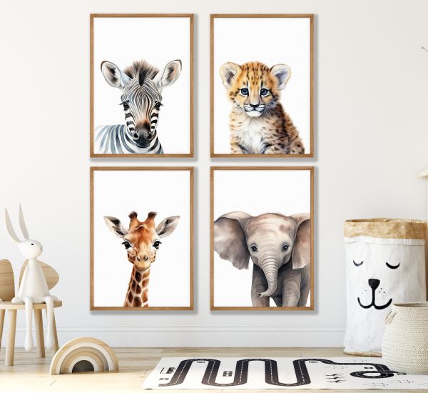 Set Of 4 Safari Animal Prints For Nursery